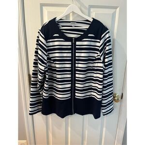 Avenue Navy & White Stripe Coastal Nautical Zip Up Collarless Jacket sz 22/24 EU